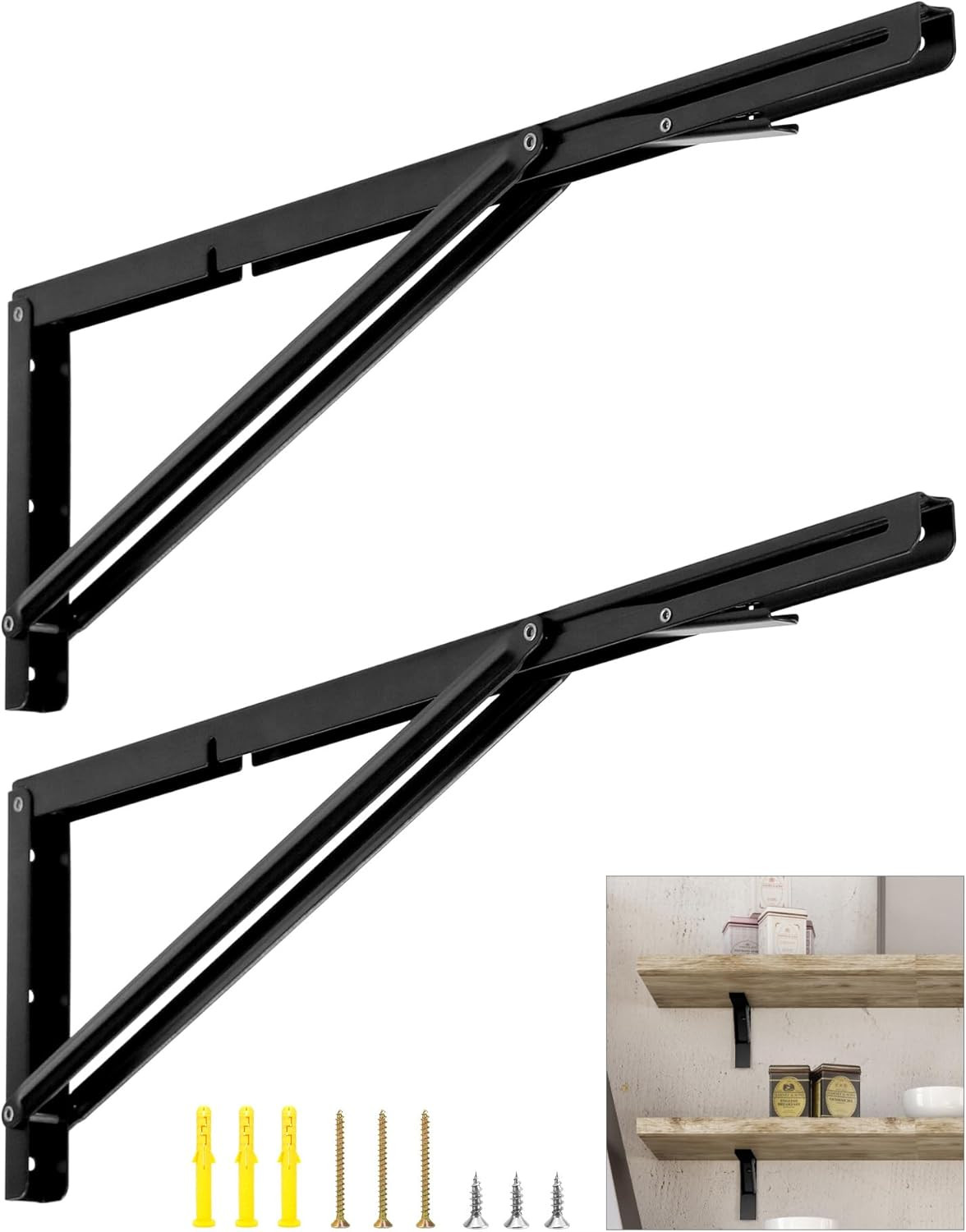 24” Folding Shelf Brackets Heavy Duty Wall Table Bench Support 330lbs 2Pk Black.