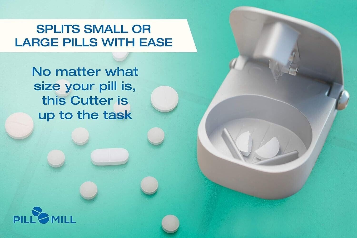 Pill Cutter Splitter with Pill Box by - Blade That Will Never Dull - Grip Handle