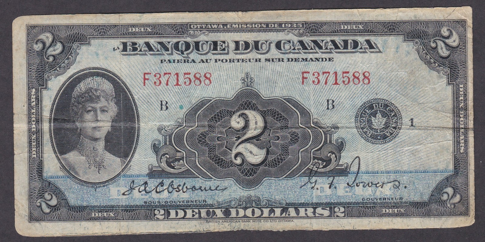 [CIR, No Tears or Holes] 1935 Canada 2 Dollars French BC-4 P-41 F371588 [015-1]