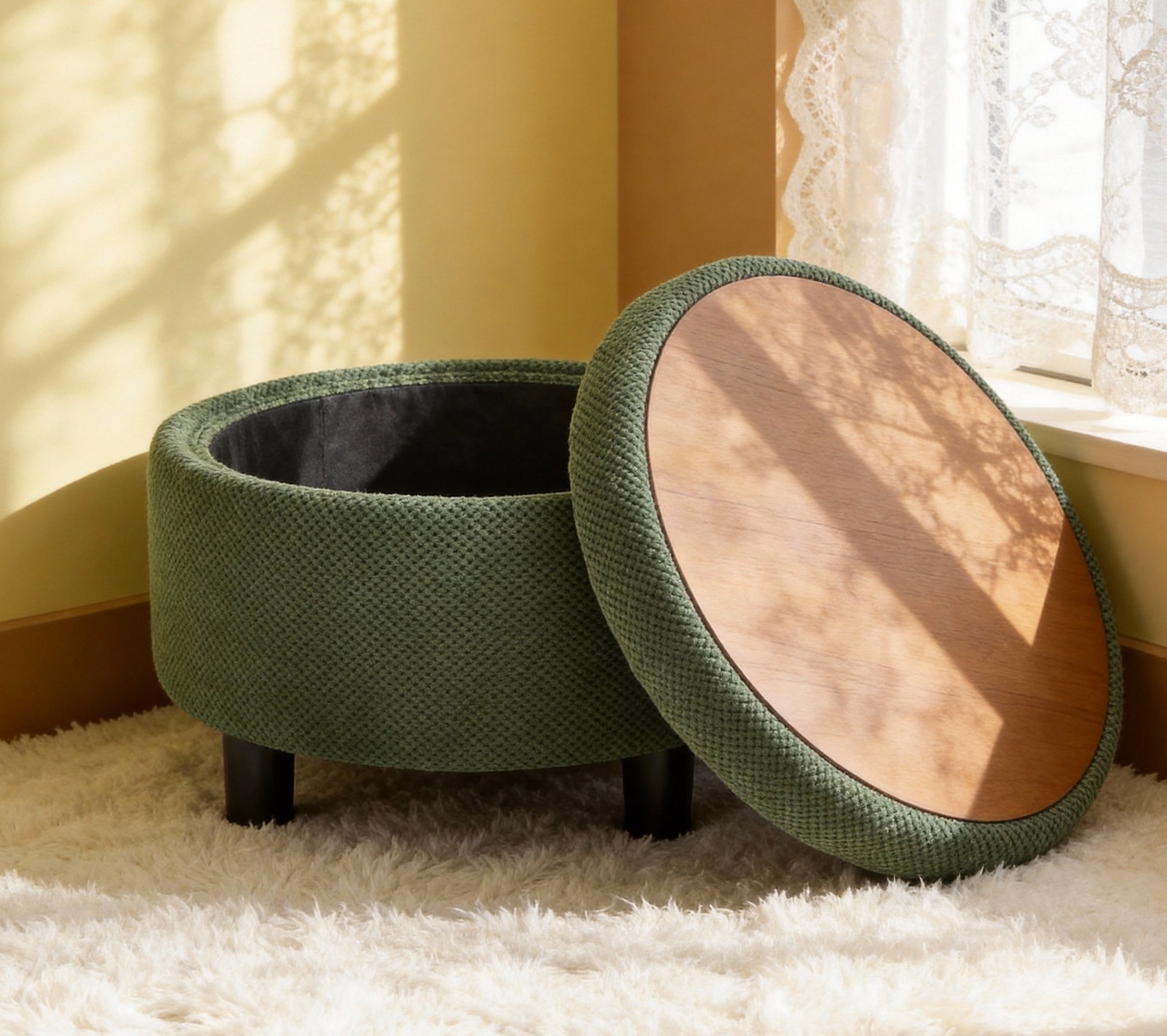 25" Round Storage Ottoman with Tray - Tufted Fabric Coffee Table