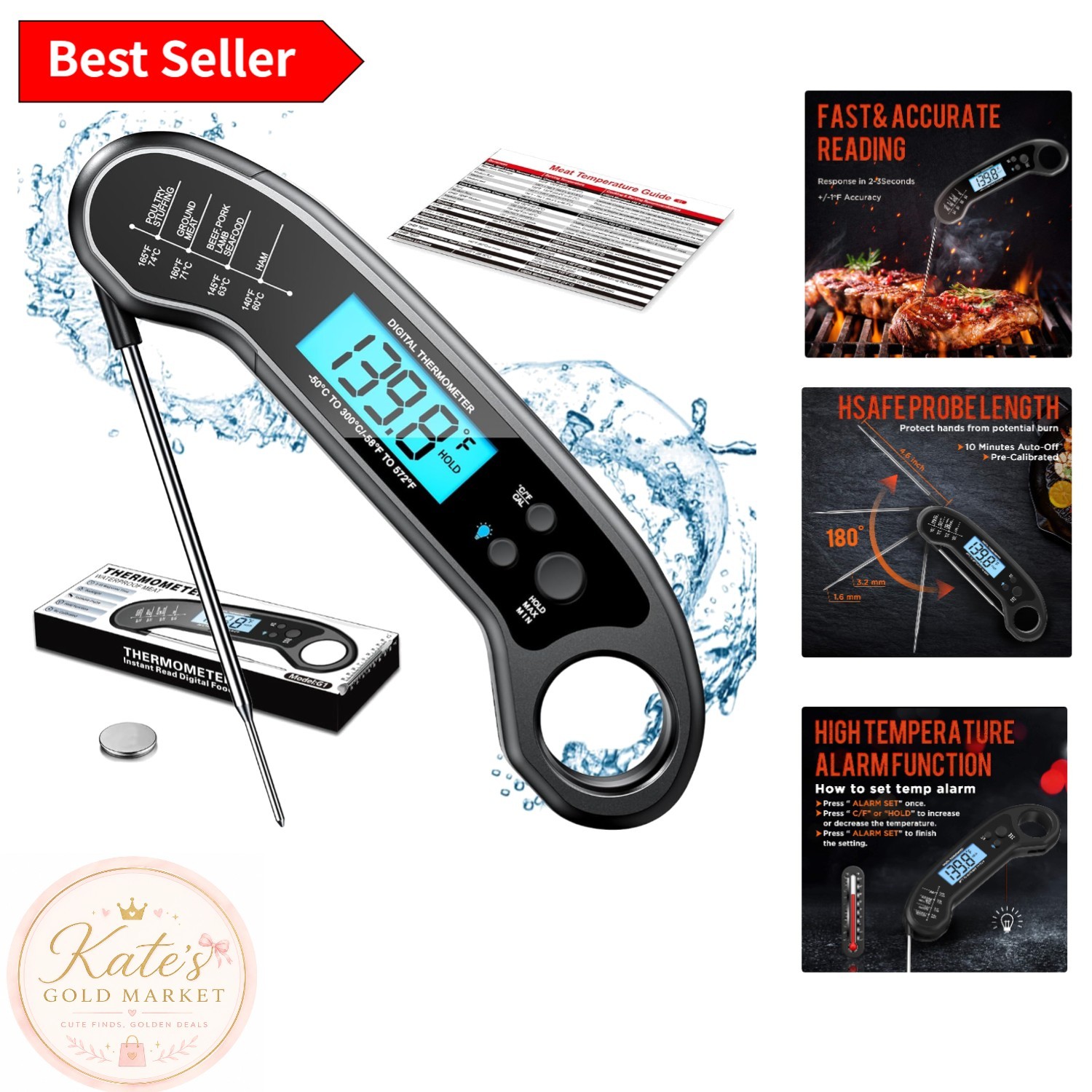 Battery Powered Waterproof Instant Read Meat Thermometer - Cook with Confidence