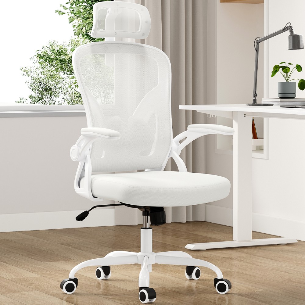 Office Chair with Lumbar Support High Back Desk Chair with Headrest & Arms,White