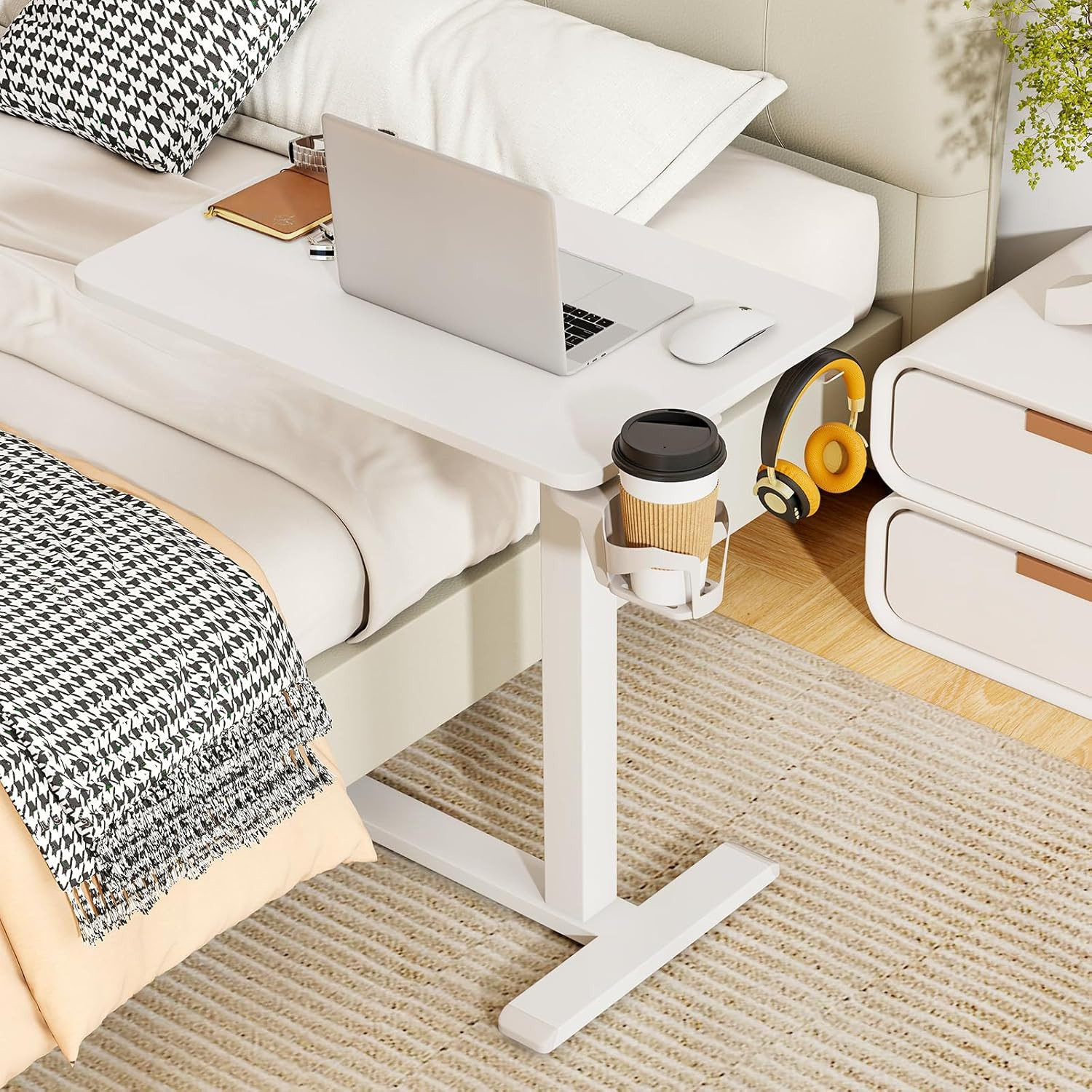 Pneumatic Mobile Standing Desk with Cup Holder & Headphone Hook - White