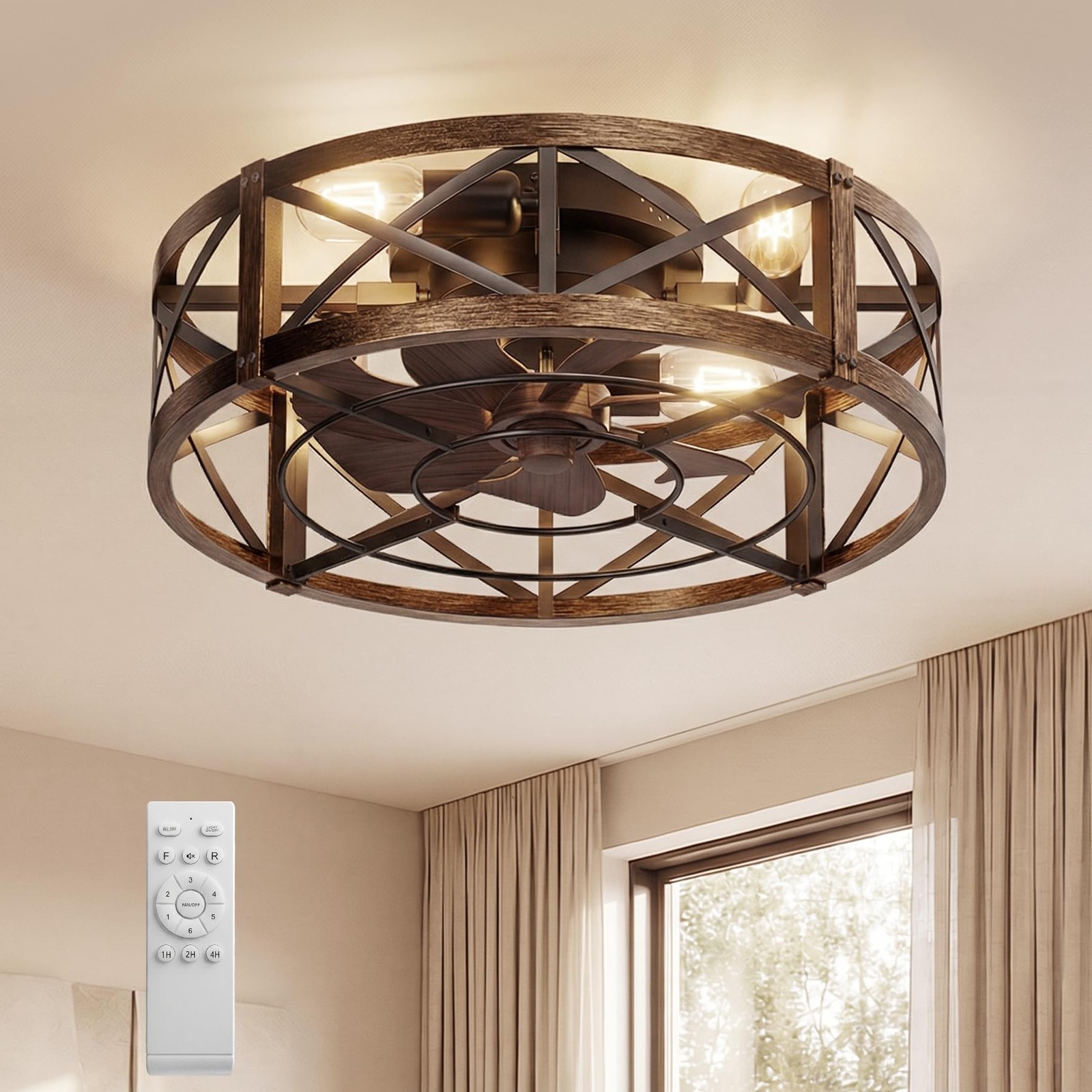 Caged Ceiling Fan with Light and Remote, 20" Low Profile Flush Mount Ceiling ...