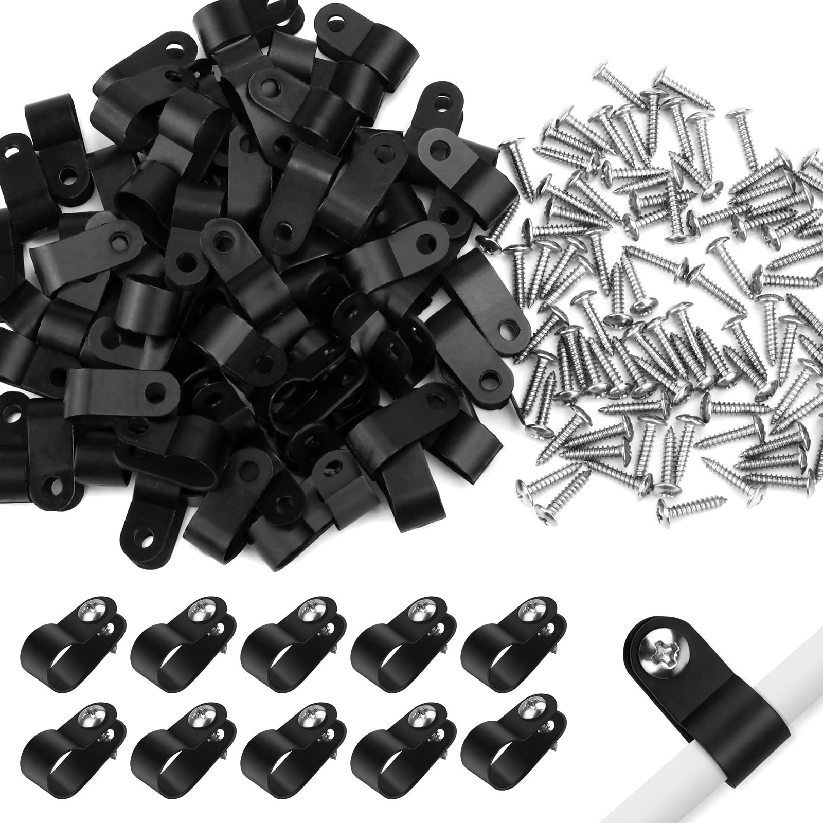 100Pcs Black 3/8 Inch RType Nylon Cable Clamps Mounting Clips Screws Kit