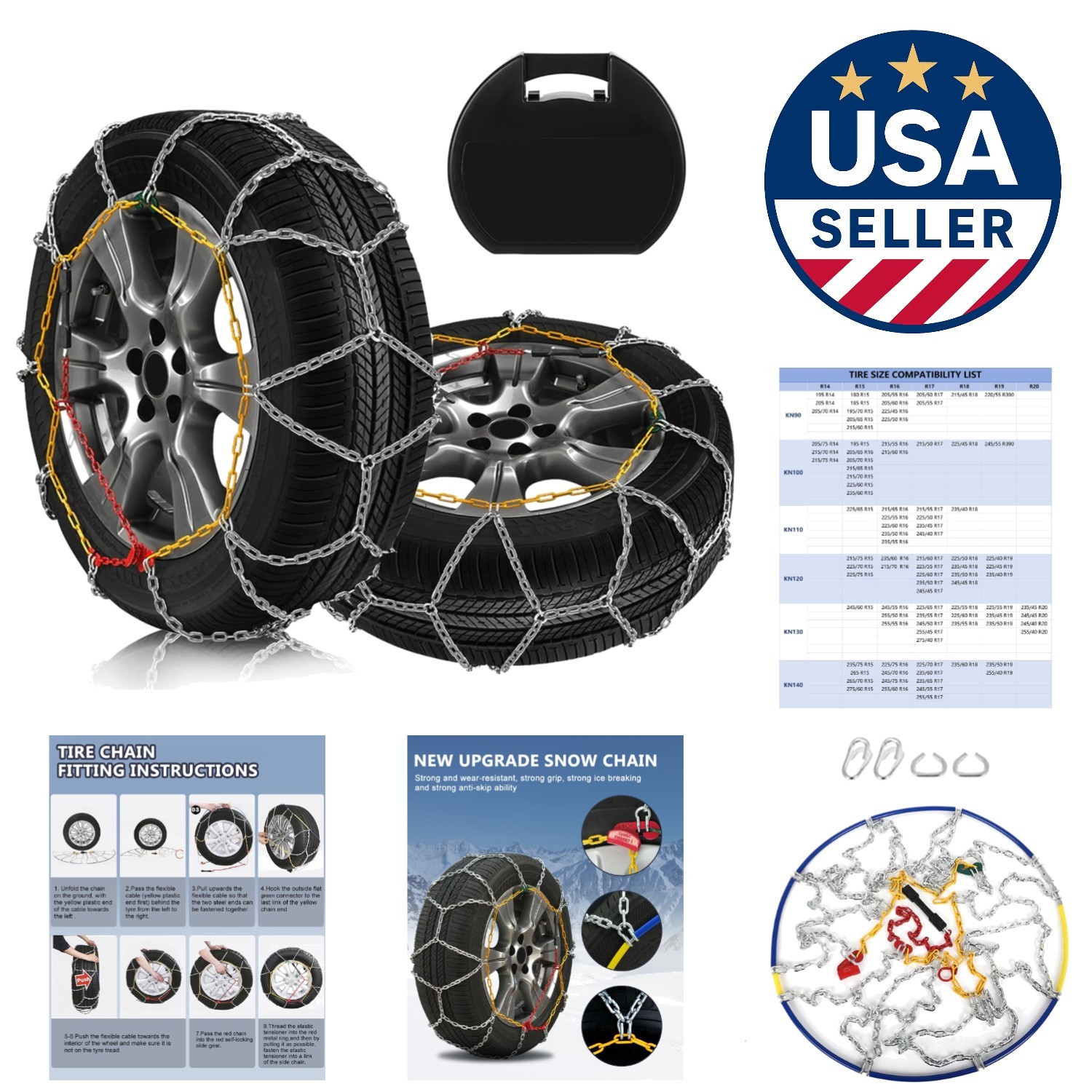 Adjustable Snow Chains Set of 2 for Cars & SUVs - Easy 1-Minute Installation
