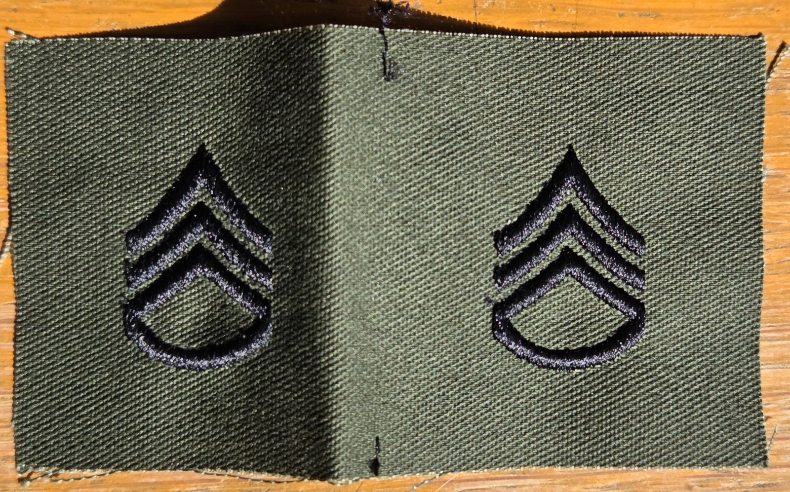 U.S. army E-6 SSG sew-on military rank patch, black on green, mini - PAIR