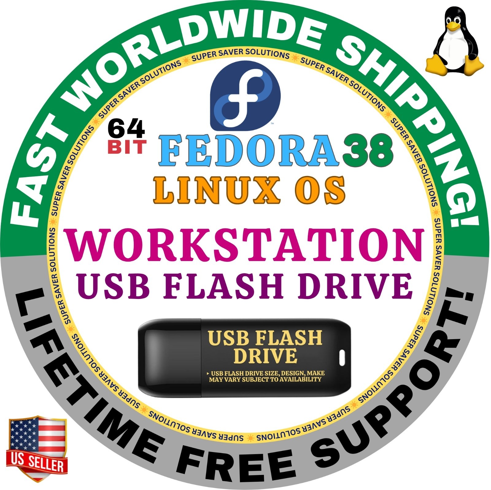 LINUX FEDORA 38 WORKSTATION BOOTABLE USB DRIVE |  64-BIT, Live Mode | MAC, PC