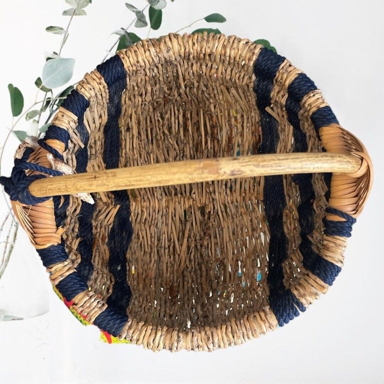 Coco Twigs/ Navy Rope Unique Basket With Shells 10” Diameter