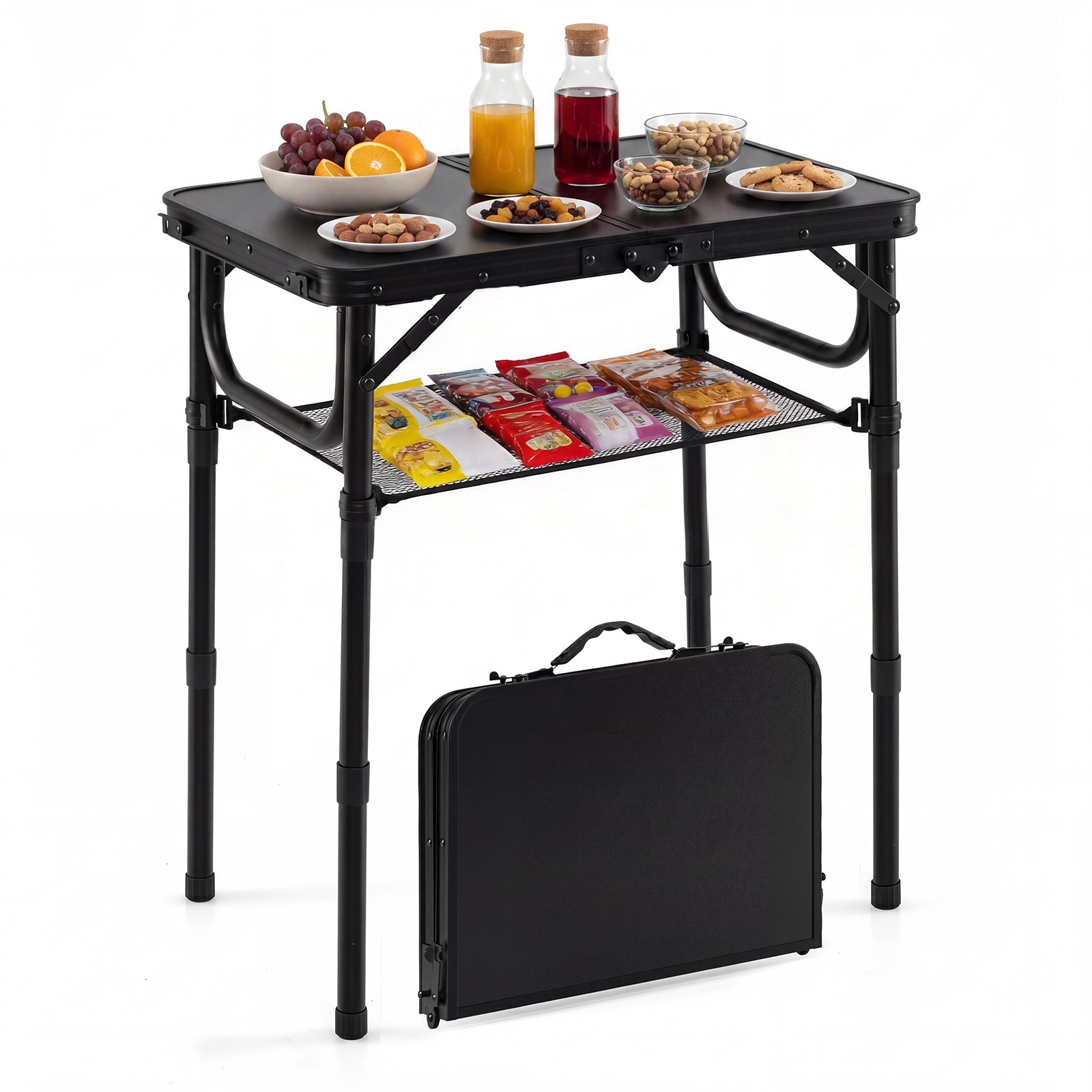 2 FT Small Folding Camping Table w/3 Adjustable Heights Storage Net Carry Handle