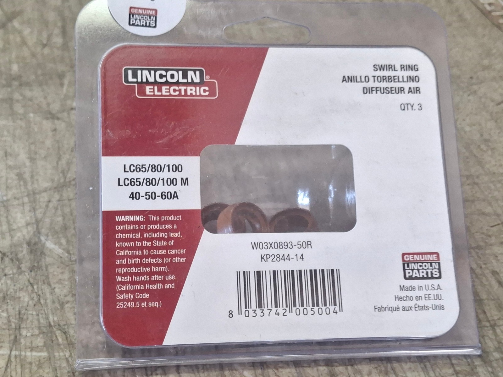 3 Qty Lincoln Electric KP2844-14 Swirl Rings 40-50-60A LC 65/80/100
