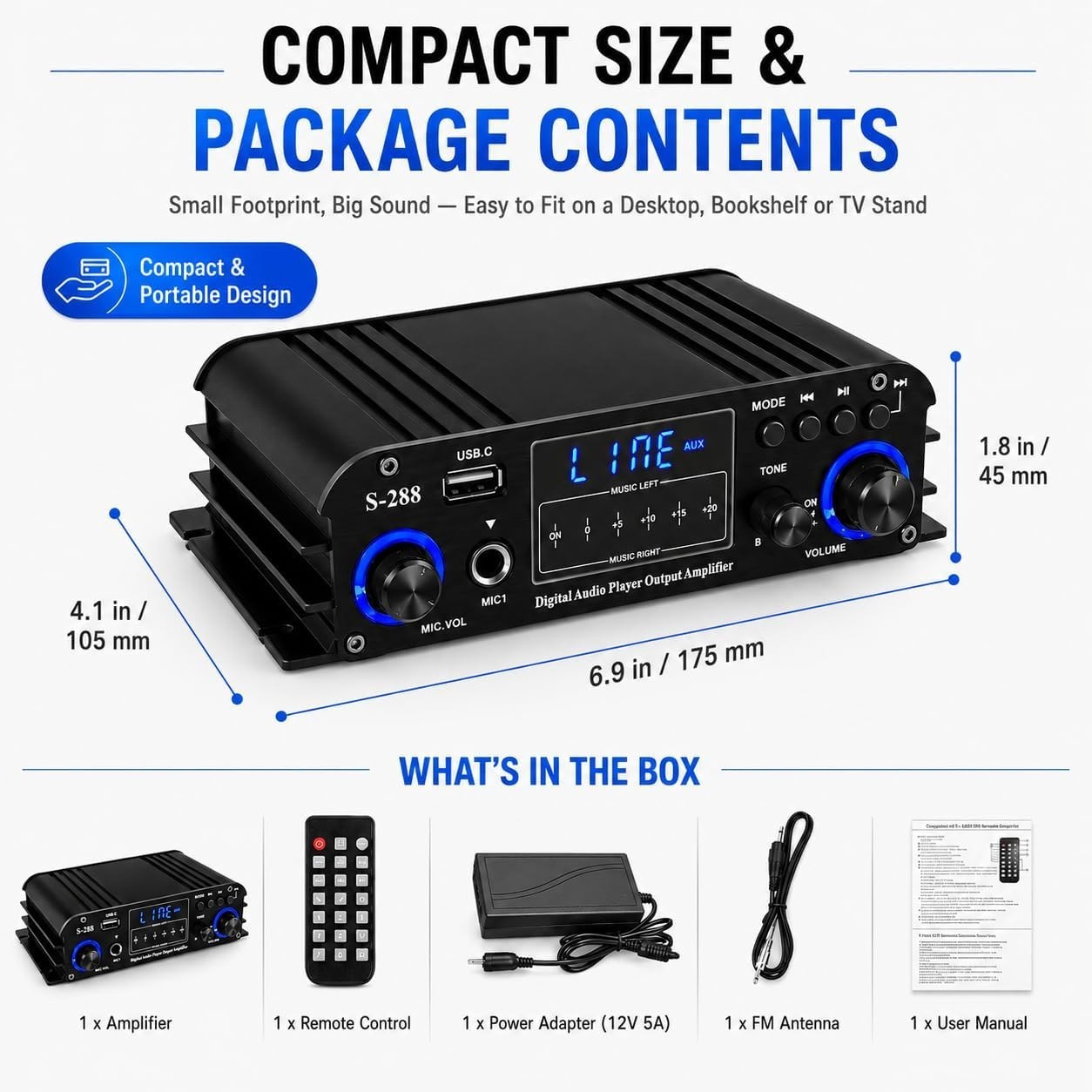 1200W Bluetooth Stereo Amplifier for Home Theater & Karaoke/-^~--/`