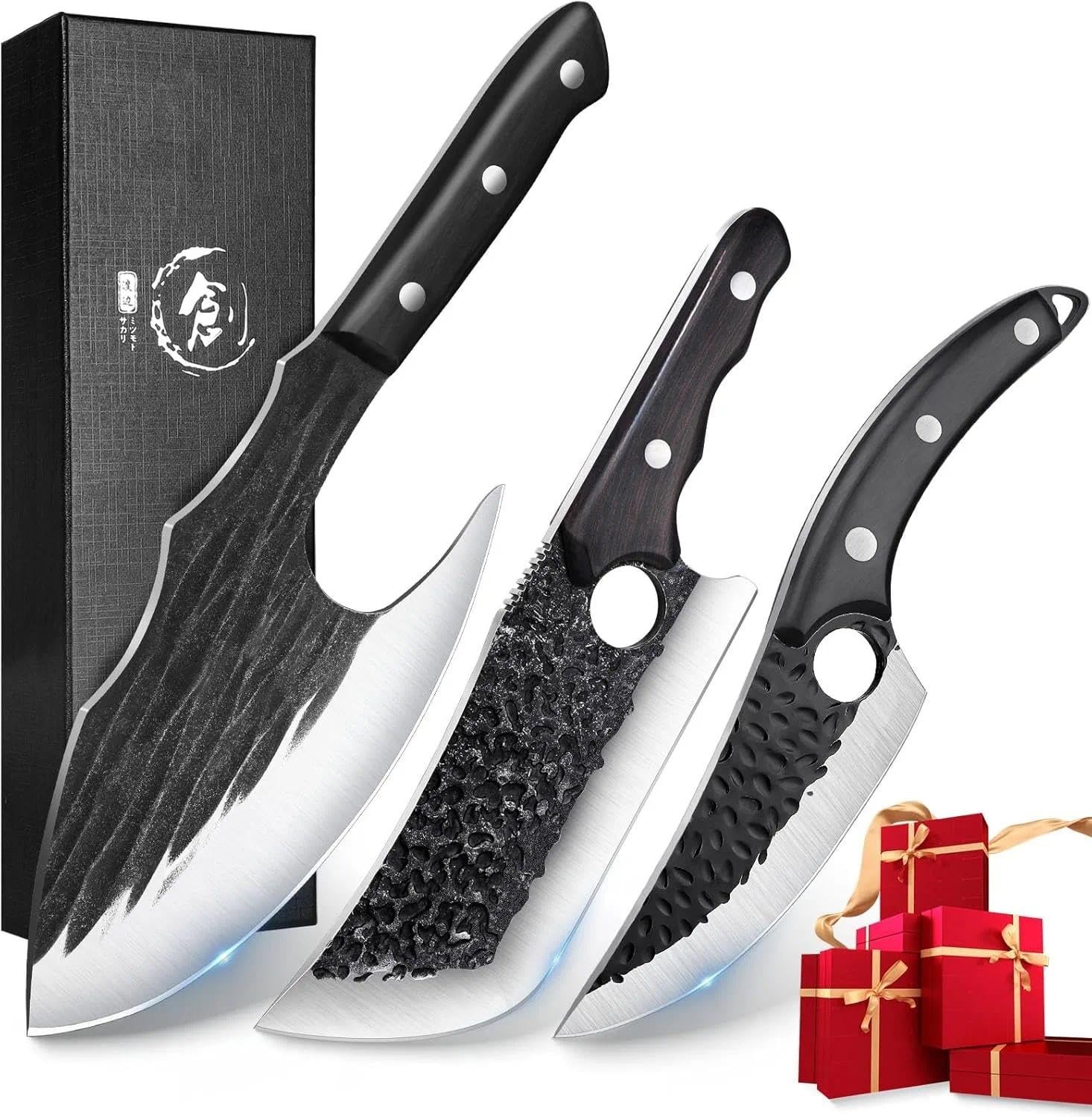 Tijeras Butcher Knife Set For Meat Cutting 3Pcs Hand Forged Camping Knife Set