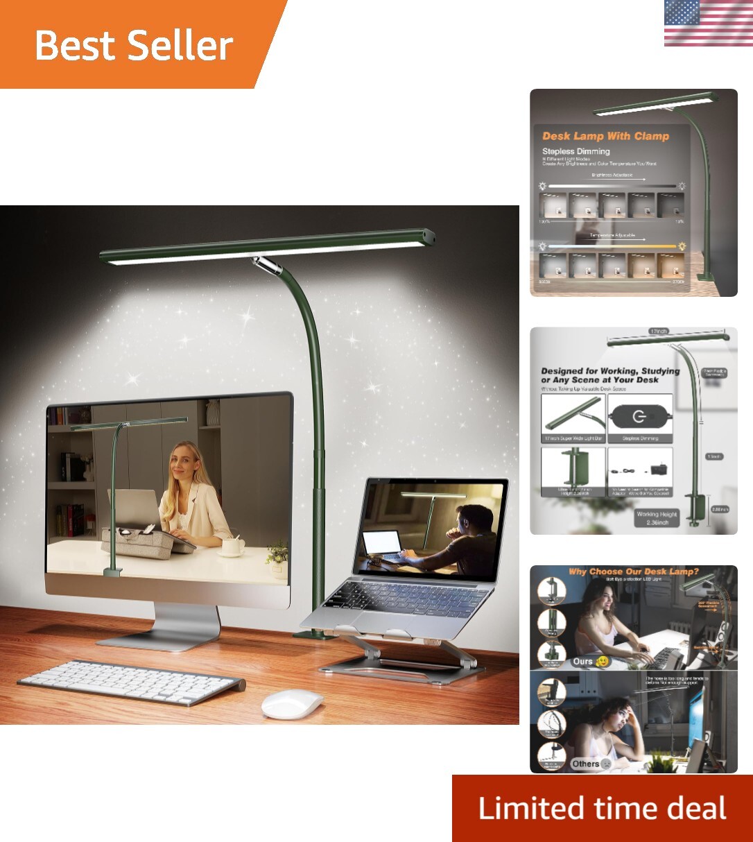 Compact Green Desk Lamp with Flexible Arm - Eye-Friendly Lighting for Workspaces