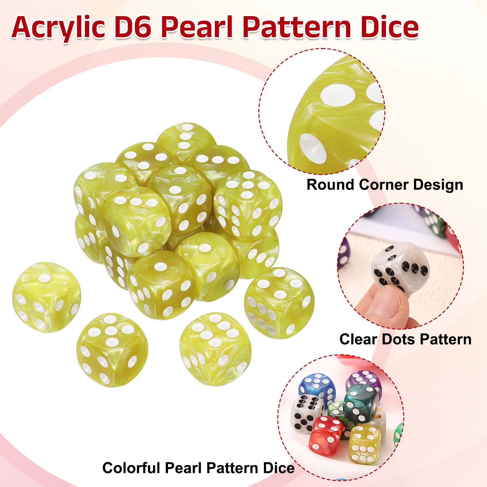 20Pcs 6 Sided Colored Standard Dice, Acrylic D6 Pearl Pattern Dice, Yellow
