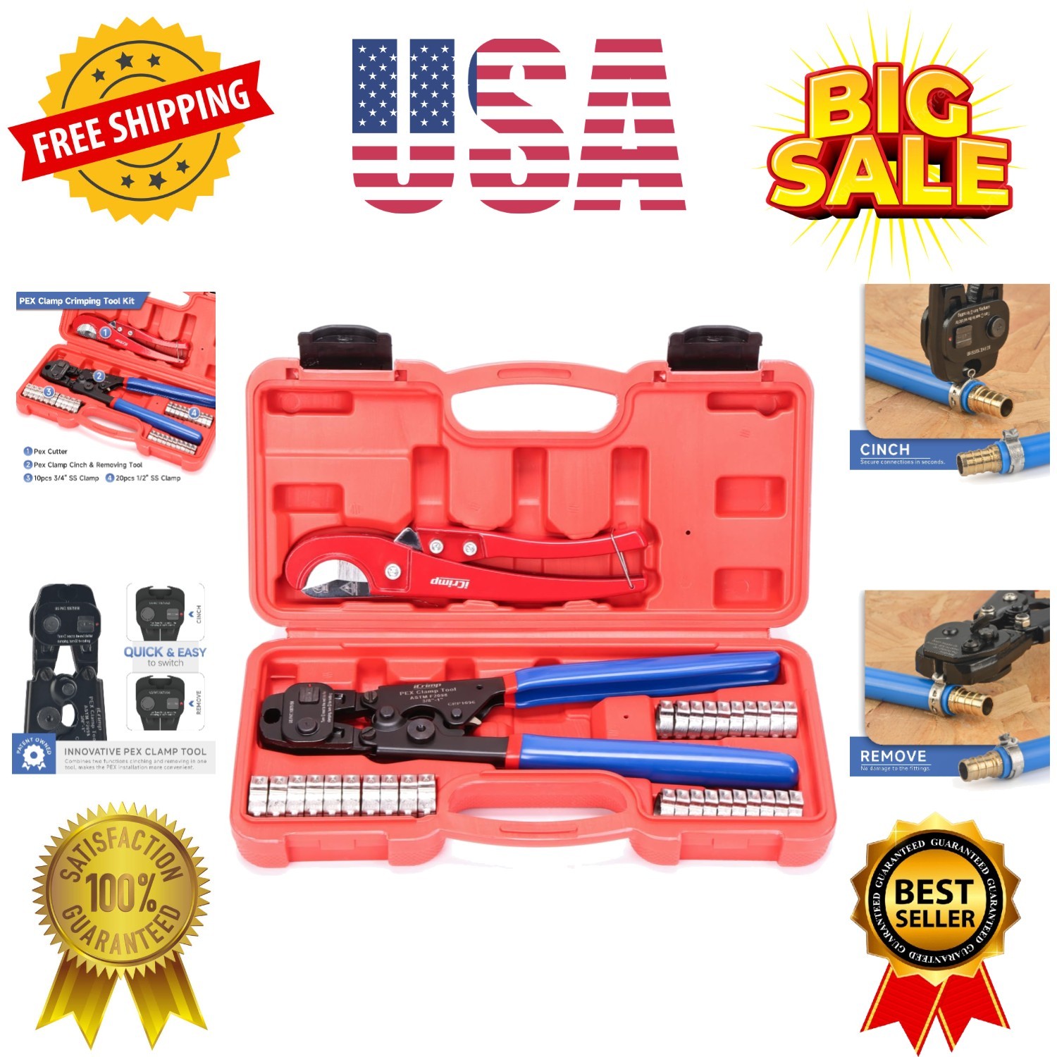 Ratchet PEX Cinch Tool with Removing Function for 3/8-in, 1/2-in, 3/4-in, 1-i...