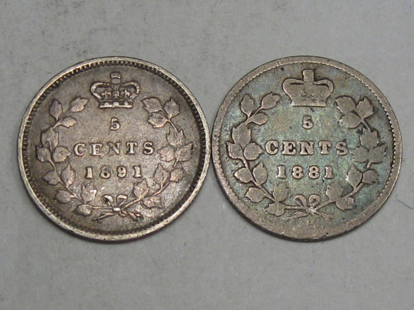 2 Silver 5¢ Cent CANADA - 1891 & 1881-H.  #50