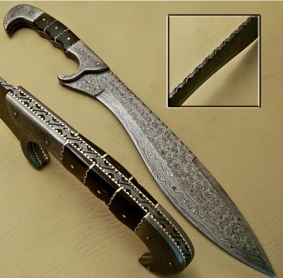 12” Damascus Steel Bowie Knife Full Tang With Leather Sheath