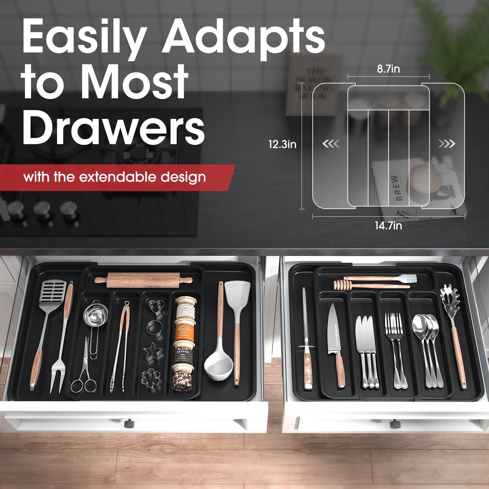 Aujen Silverware Organizer - Expandable Kitchen Drawer Medium, Black