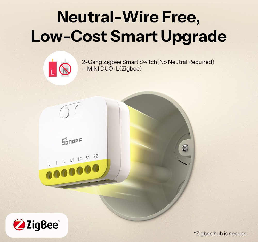 SONOFF MINI DUO-L Dual Channel Smart Light Switch Zigbee 3.0 No Neutral Required