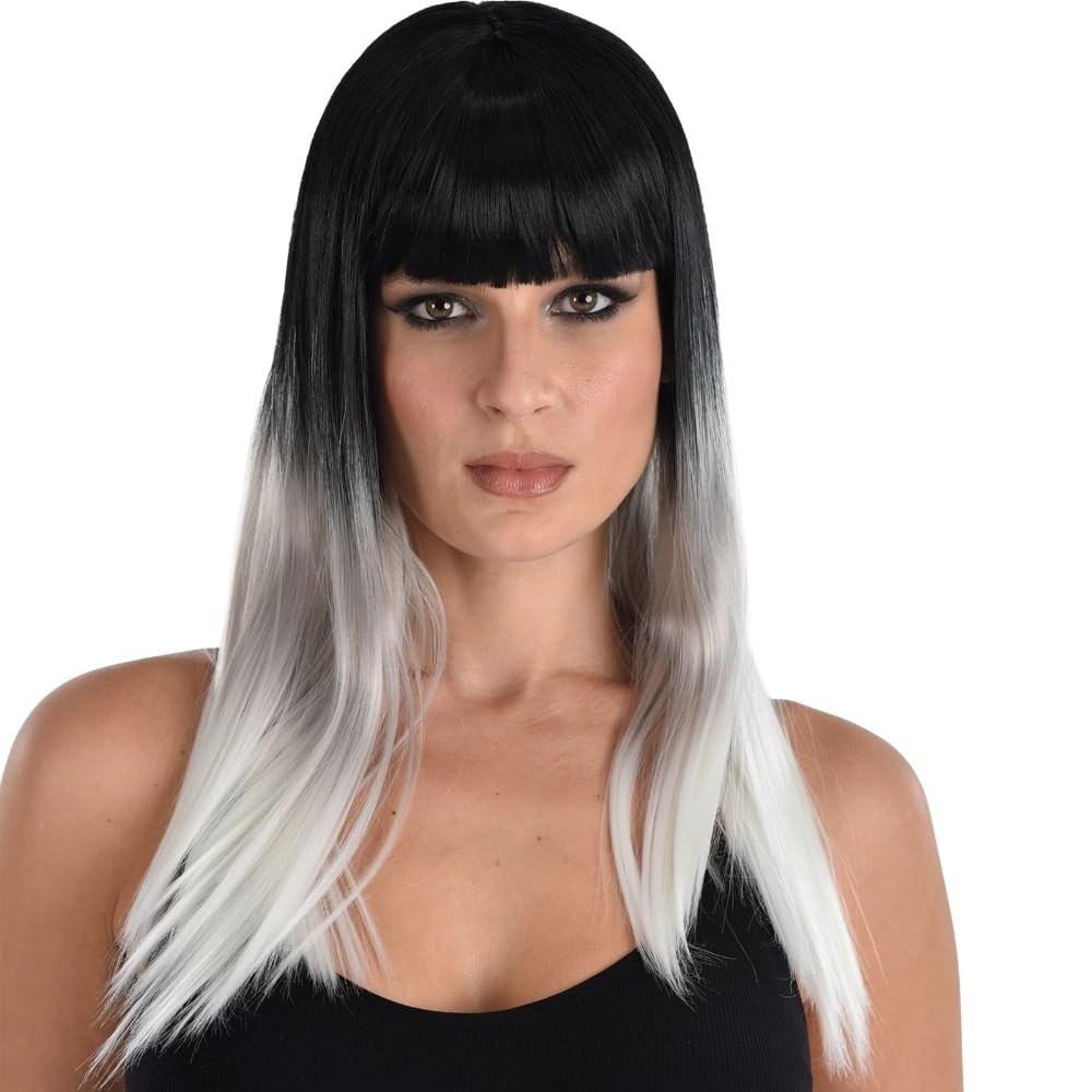 Ombre Wig Black White Dark Angel Fancy Dress Halloween Adult Costume Accessory