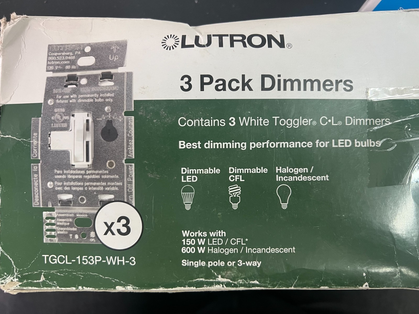 Lutron Toggler LED+ Dimmer Switch 3-Pack - White (TGCL-153P-WH-3) 1168/OB