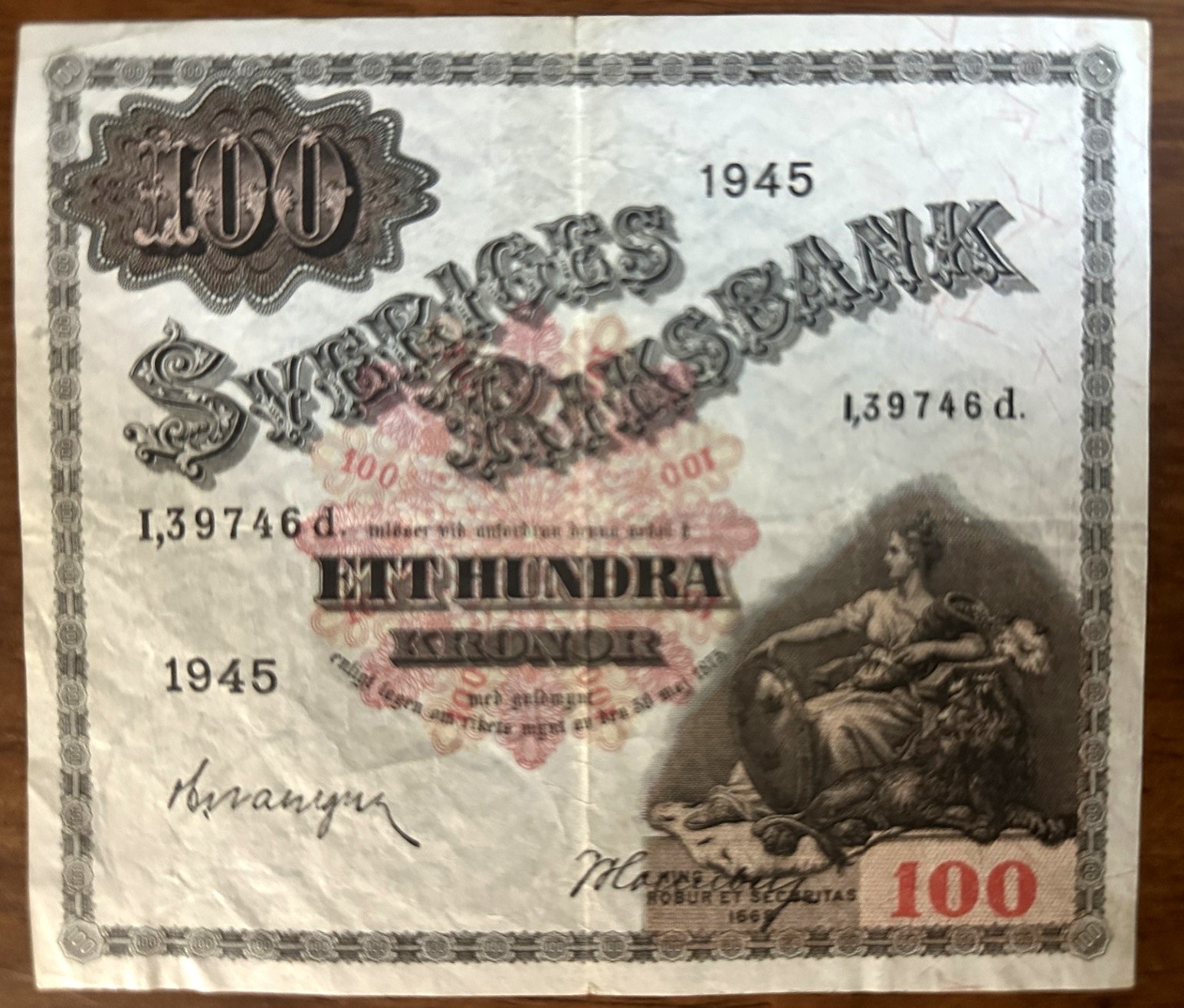 Sweden 1945 100Kr Bank note