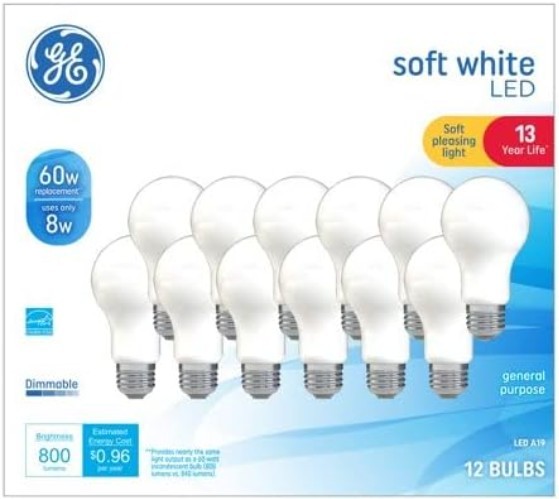 GE LED Light Bulbs, 60 Watt,Soft White,A19 Bulbs,Medium Base,Frosted Finish,12pk