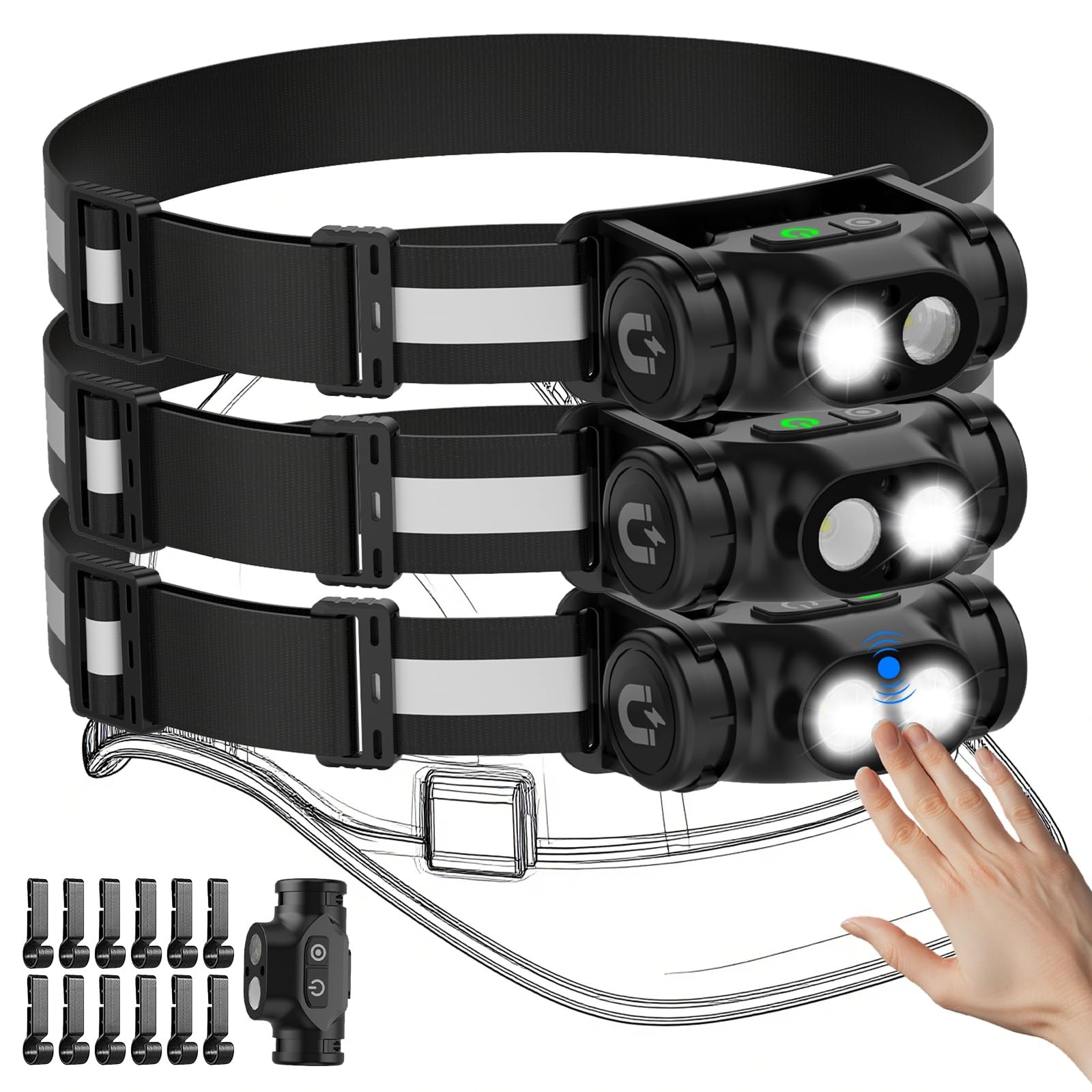 Rechargeable Headlamp 3PCS, High Lumens Bright Head Lamp Led with Motion Sens...