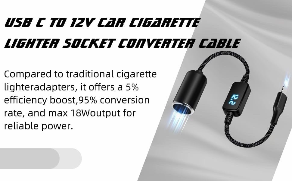 2 Pack 2套USB C Male to 12V Cigarette Lighter Socket Adapter 12V 18W Power Cable