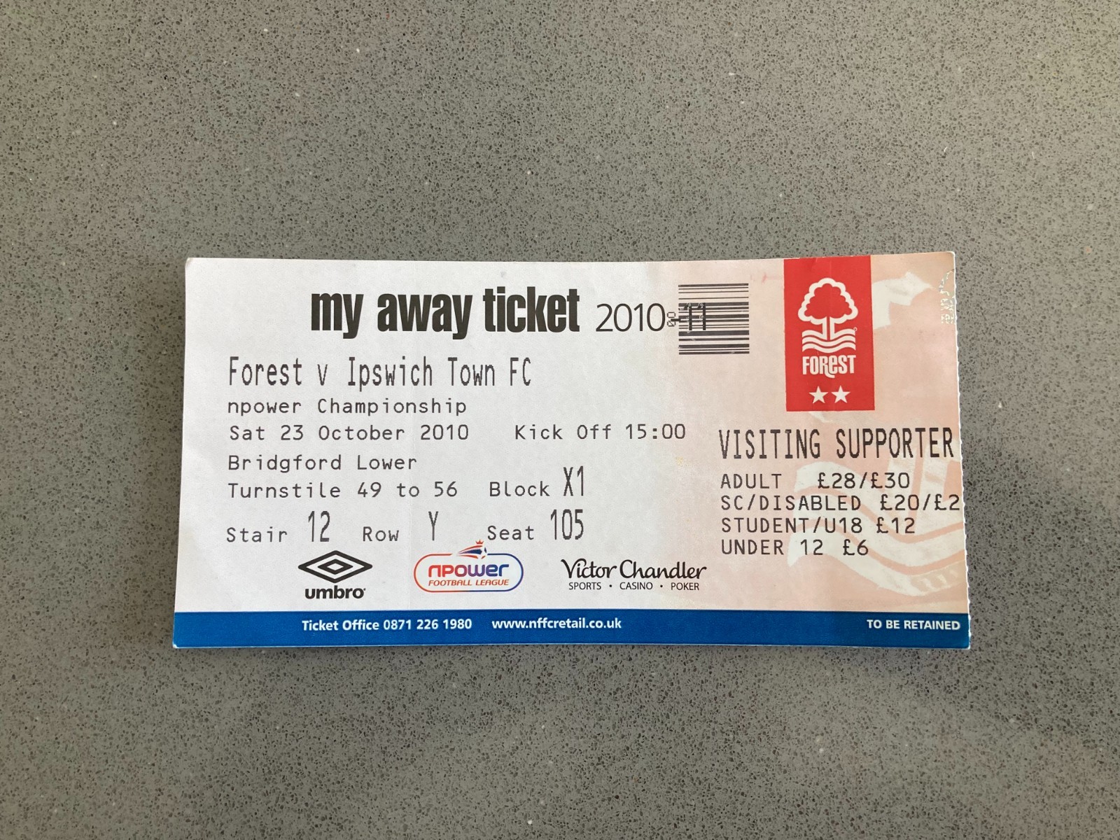 Nottingham Forest v Ipswich Town 2010-11 Match Ticket