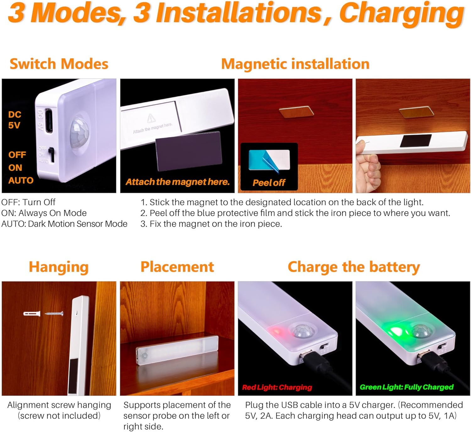 STAR-SPANGLED under Cabinet Lighting Rechargeable, 8 Inch Motion Sensor Lights I