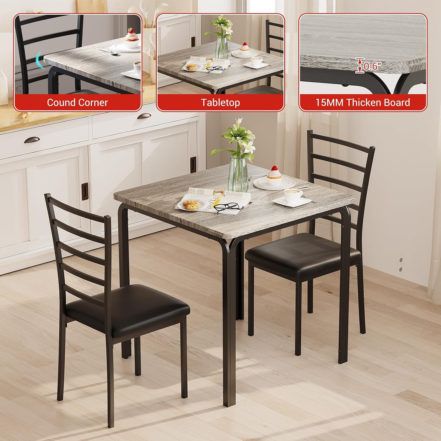 3-PCS Small Dining Table Set Kitchen Table and 2 Upholstered Chairs,Table Set Ho