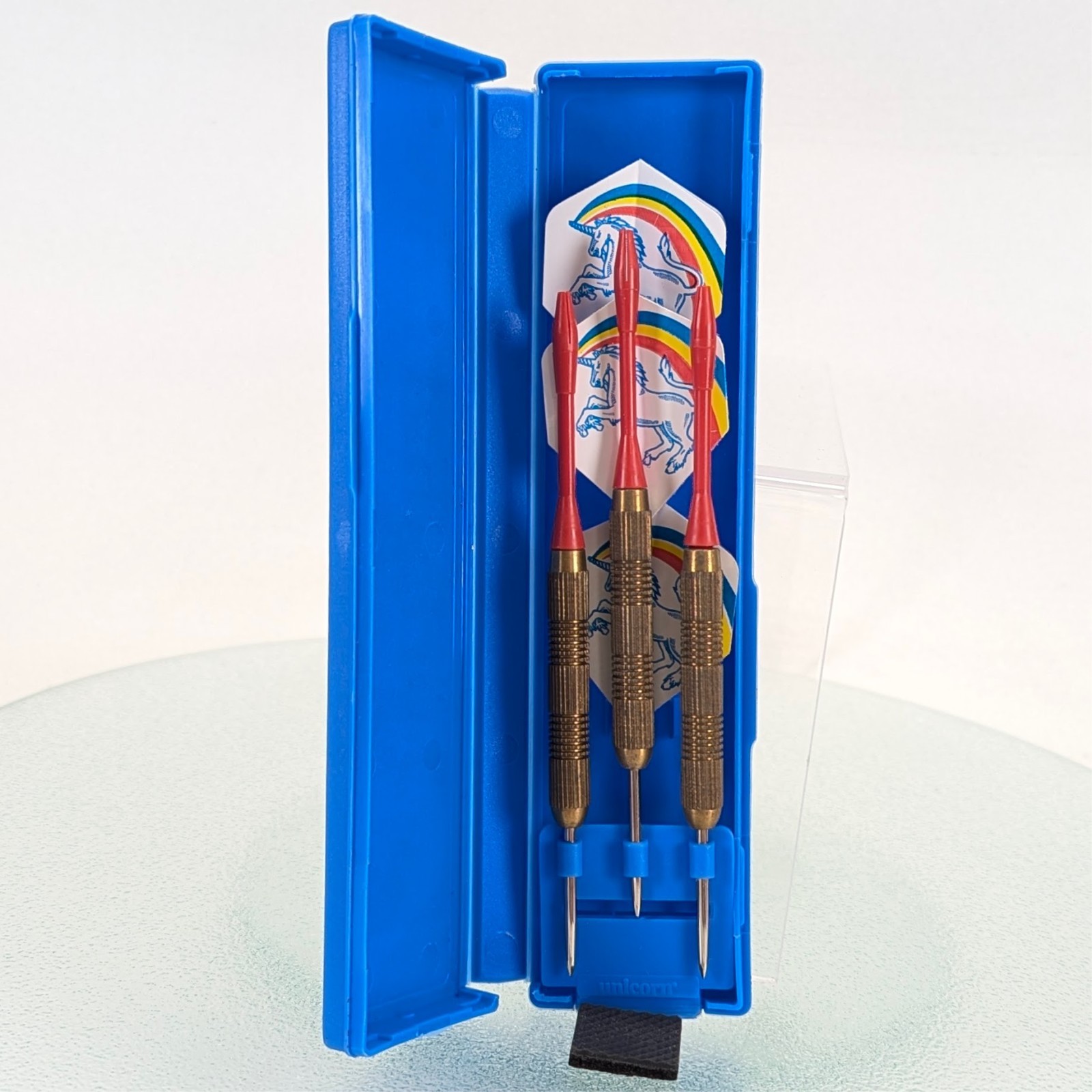 Unicorn Brass Darts Set w Slimline Case Polyflite Rainbow Flights XL Shafts