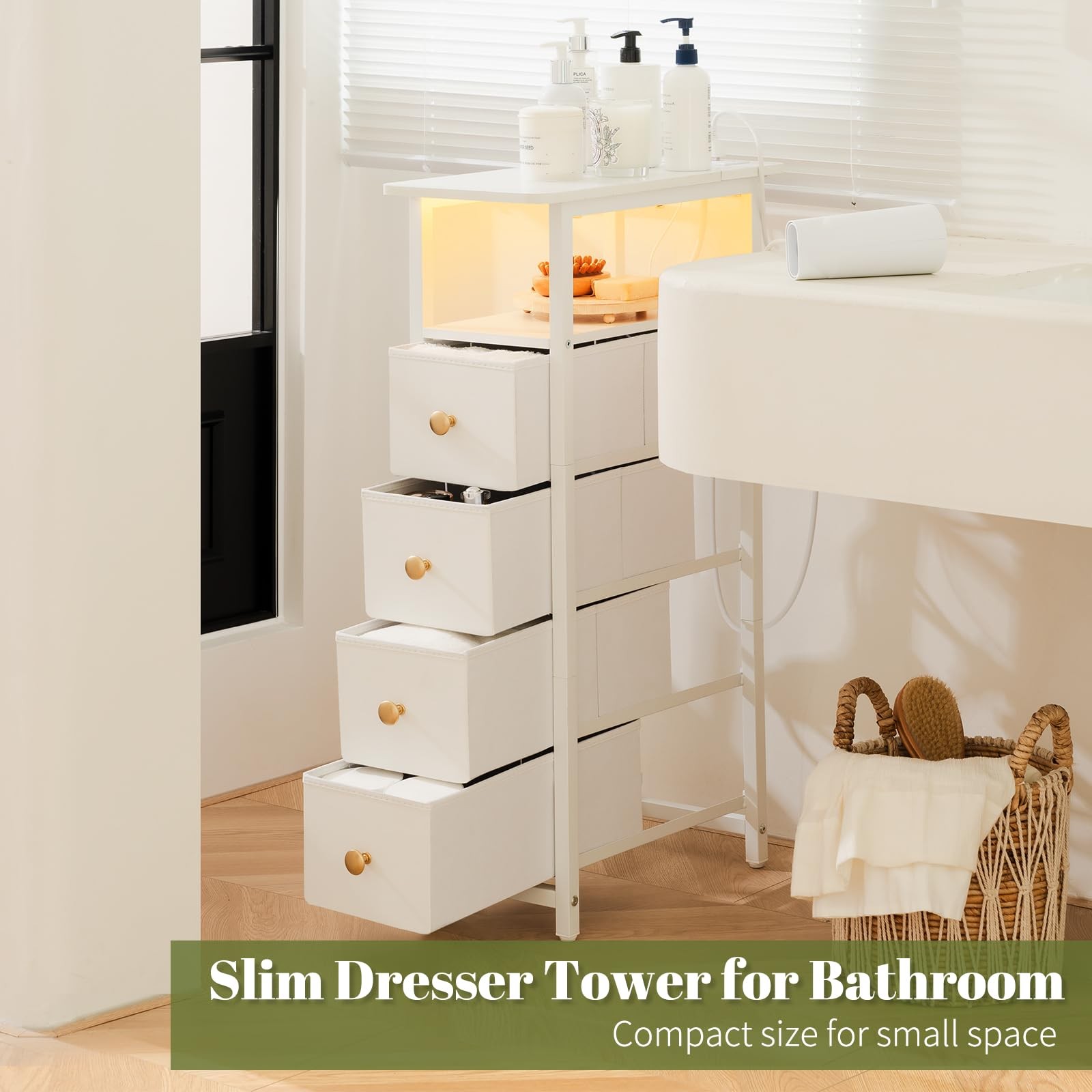 Yoobure LED Narrow Nightstand with Charging Station - Slim Dresser for Bedroo...