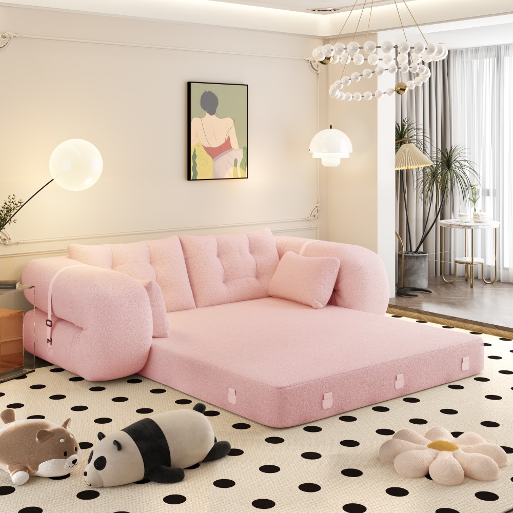 Pink 78.7" Foldable Sofa Bed, Teddy Fabric, Living Room Lounge Chair Guest Bed