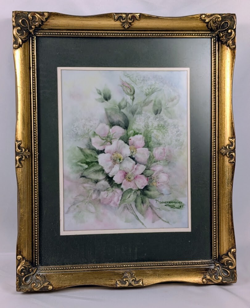 Floral Hand Painted Tile Signed By Artist, Ornate Gold Colored Frame