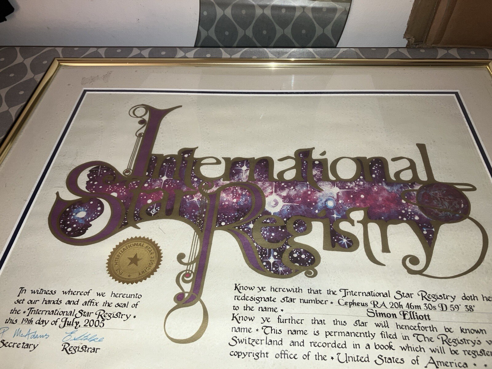 2005 International Star Registry Framed Certificate CEPHEUS RA SIGNED