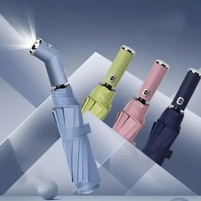 Fully Automatic Reverse Folding Umbrella With LED Flashlight 10Ribs Windproof Re