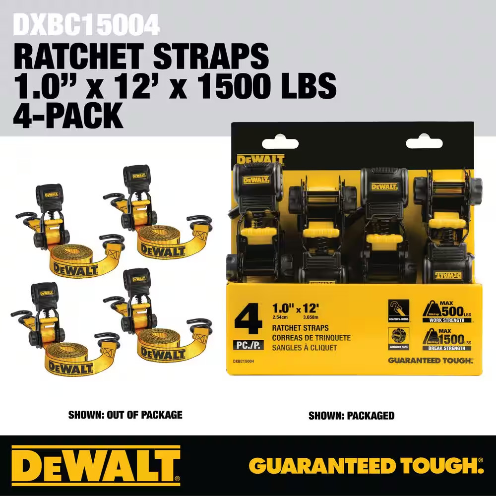 DEWALT 1.0 In. X 12 Ft. Ratchet Tie-Down Straps 1500 Lbs. Break Strength (4-Pack