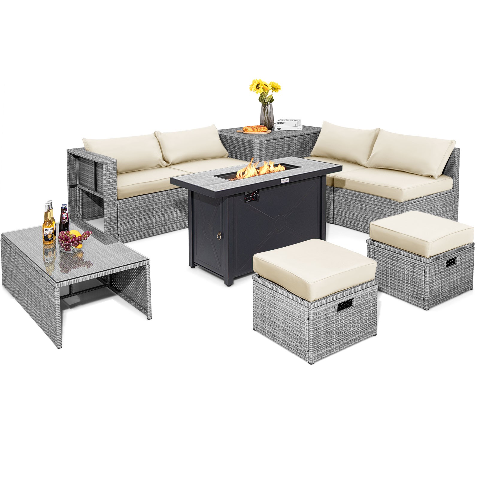 Patio 9 PCS Rattan Furniture Set 42" Fire Pit Table Cover Storage Box Off White