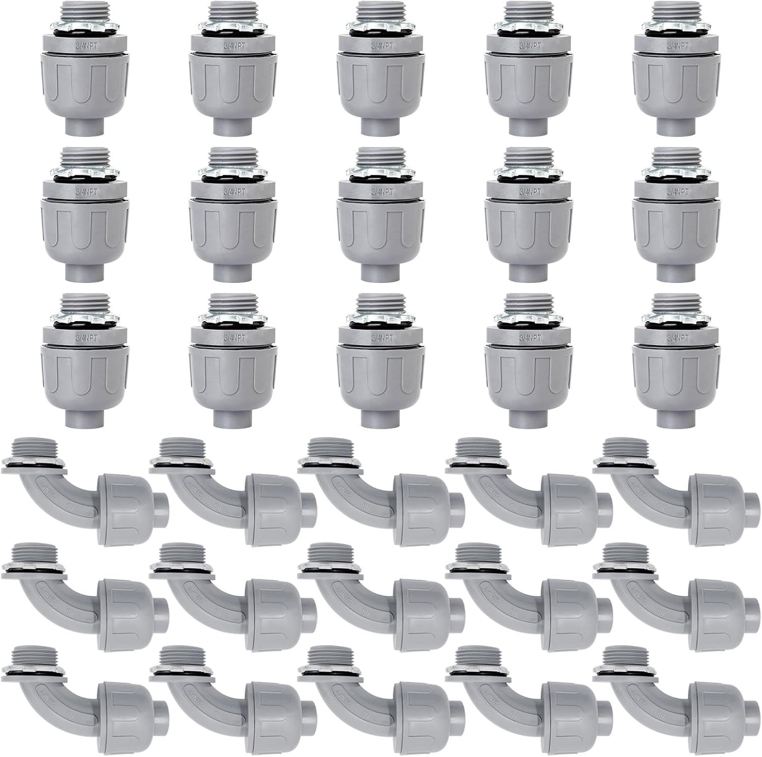 30 Pack 3/4 Inch Liquid Tight Connectors - PVC Electrical Conduit Fittings, S...