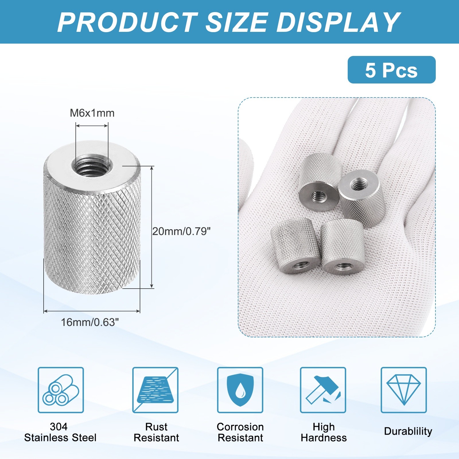 M6 5 Pack 304 Stainless Steel Round Knurled Connector Nuts,0.63"OD x 0.79"H