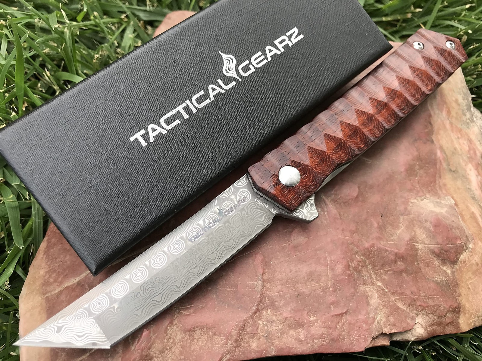 TACTICAL GEARZ Damascus Pocket Folding Knife, Rosewood Handle, Damascus Blade...