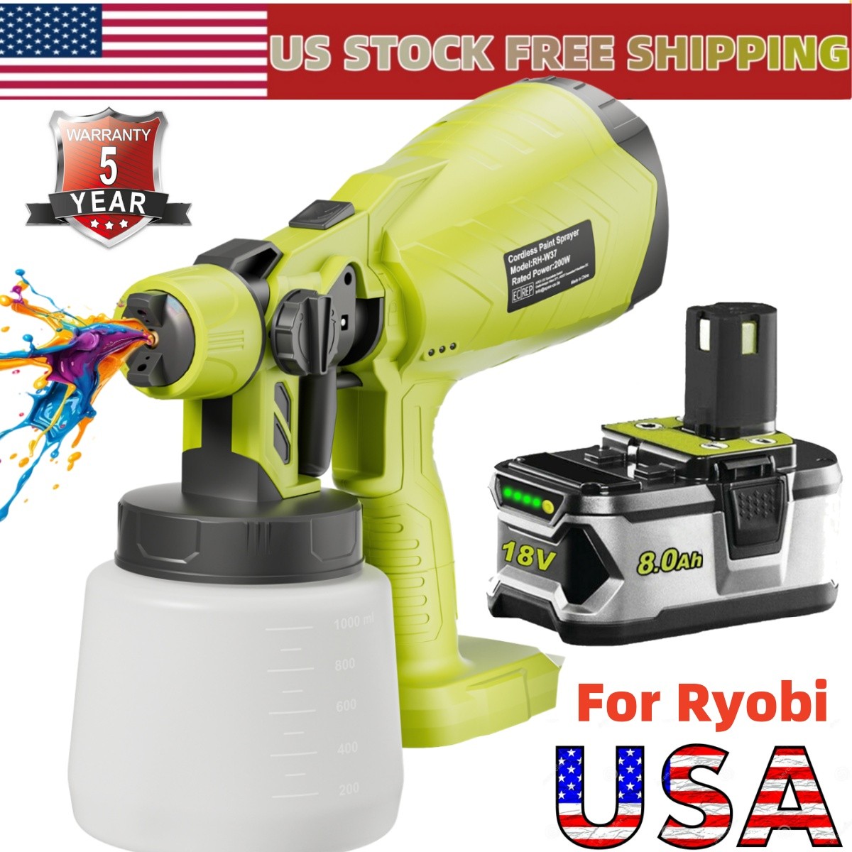 NEW  Cordless High Pressure Airless Spray Gun Paint Sprayer  Battery For Ryobi