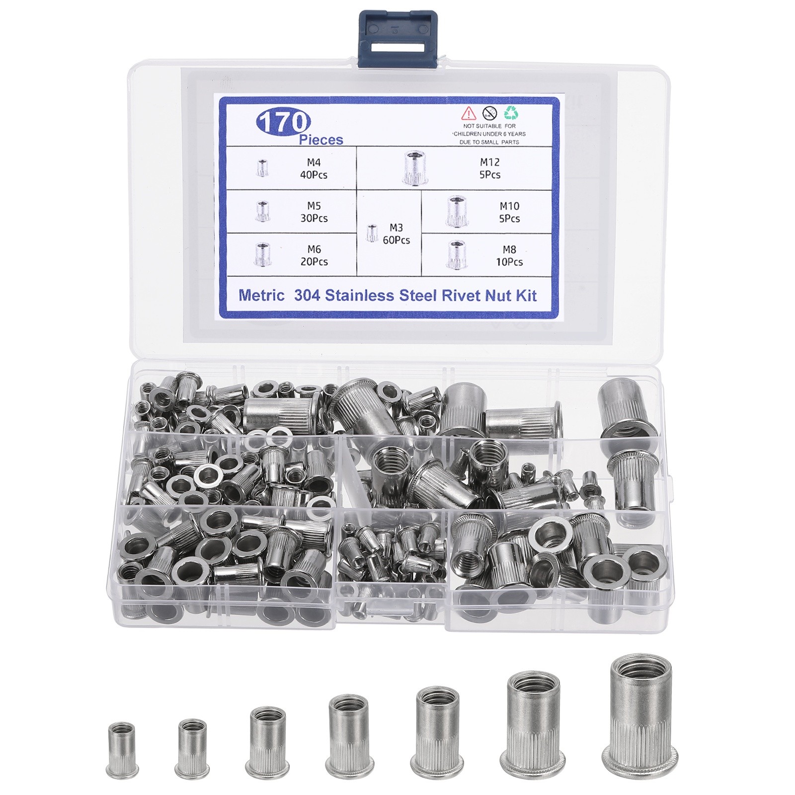 170Pcs Rivet Nut, 304 Stainless Steel Metric Thread Rivet Nut Assortment, Silver
