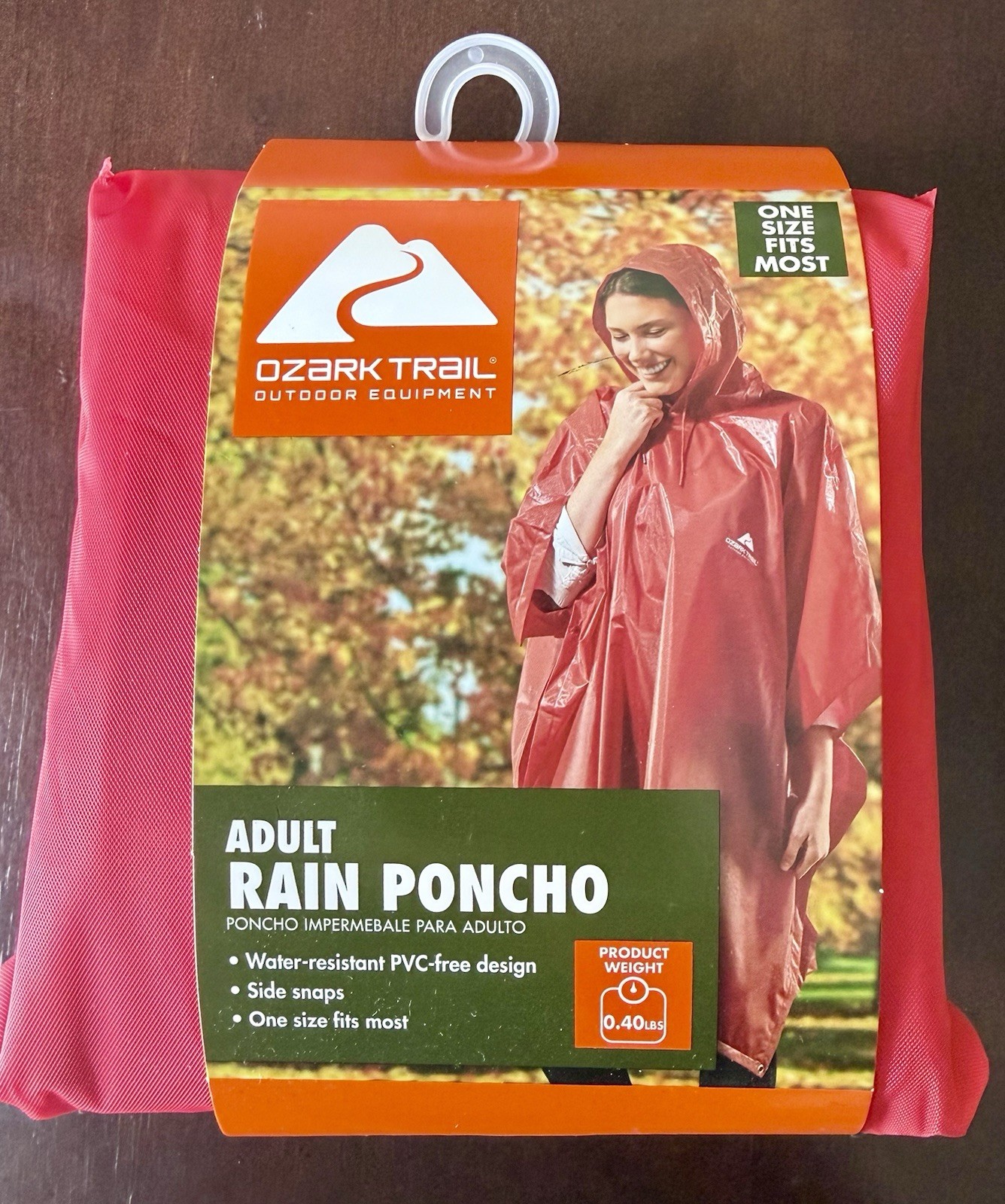 Ozark Trail Adult Rain Poncho PVC Free, Side Snaps, Red, One Size Fits Most, New