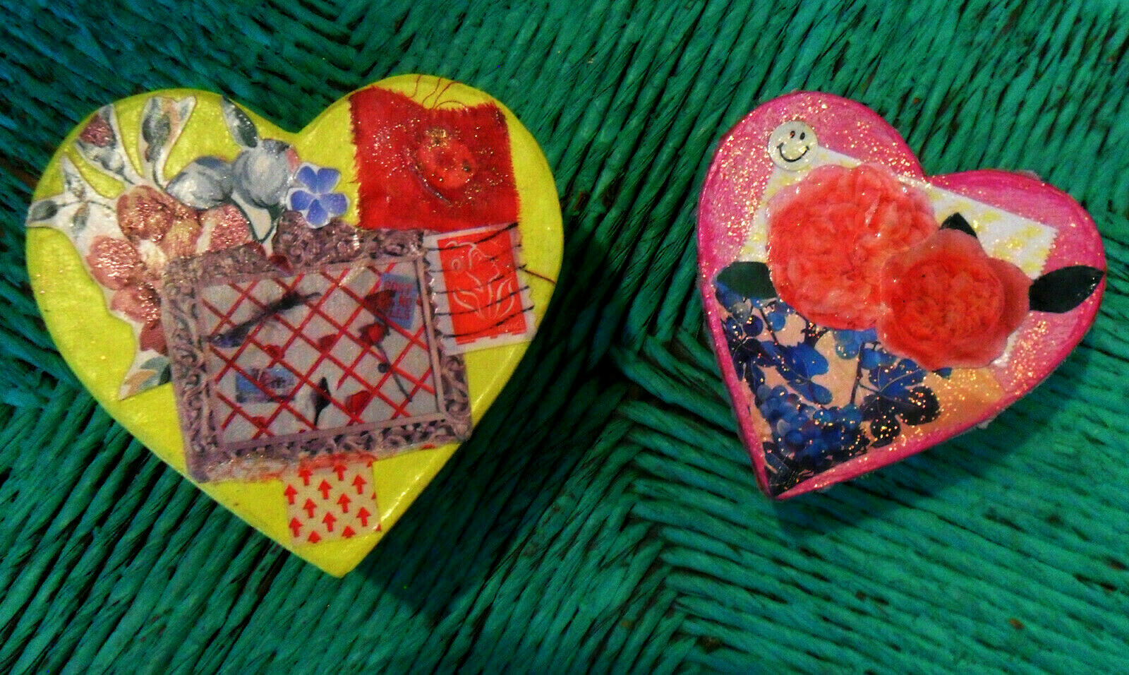 Heart-Shaped BOX Hand-Painted Hand-Decorated, Collage Decoupage, Valentine's Day