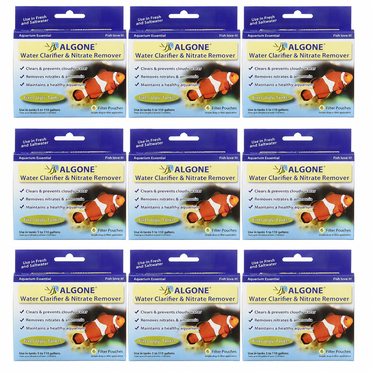 Algone Water Clarifier and Nitrate Remover for Aquariums BULK (54 large Pouches)