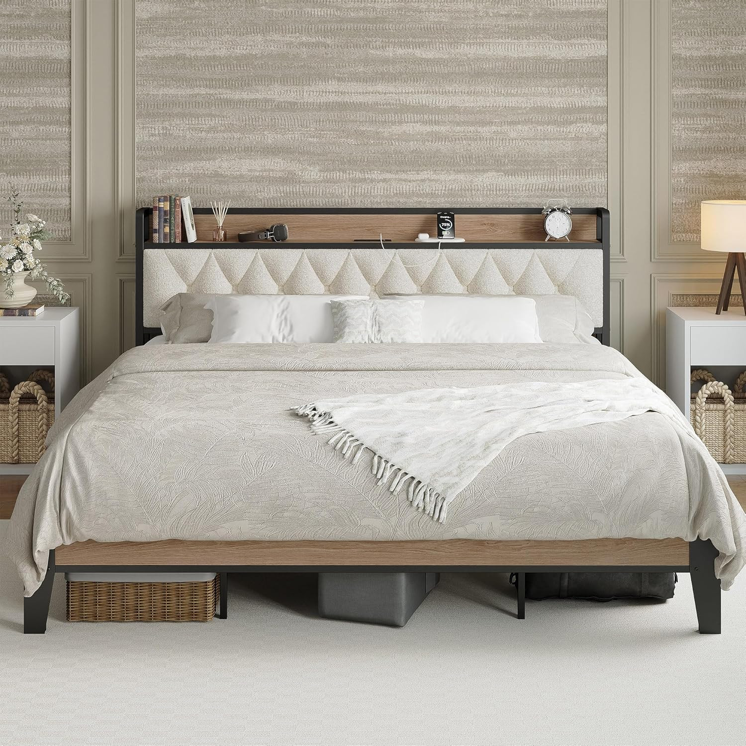 King Bed Frame, Storage Headboard with Charging Station, Platform Bed Frame with